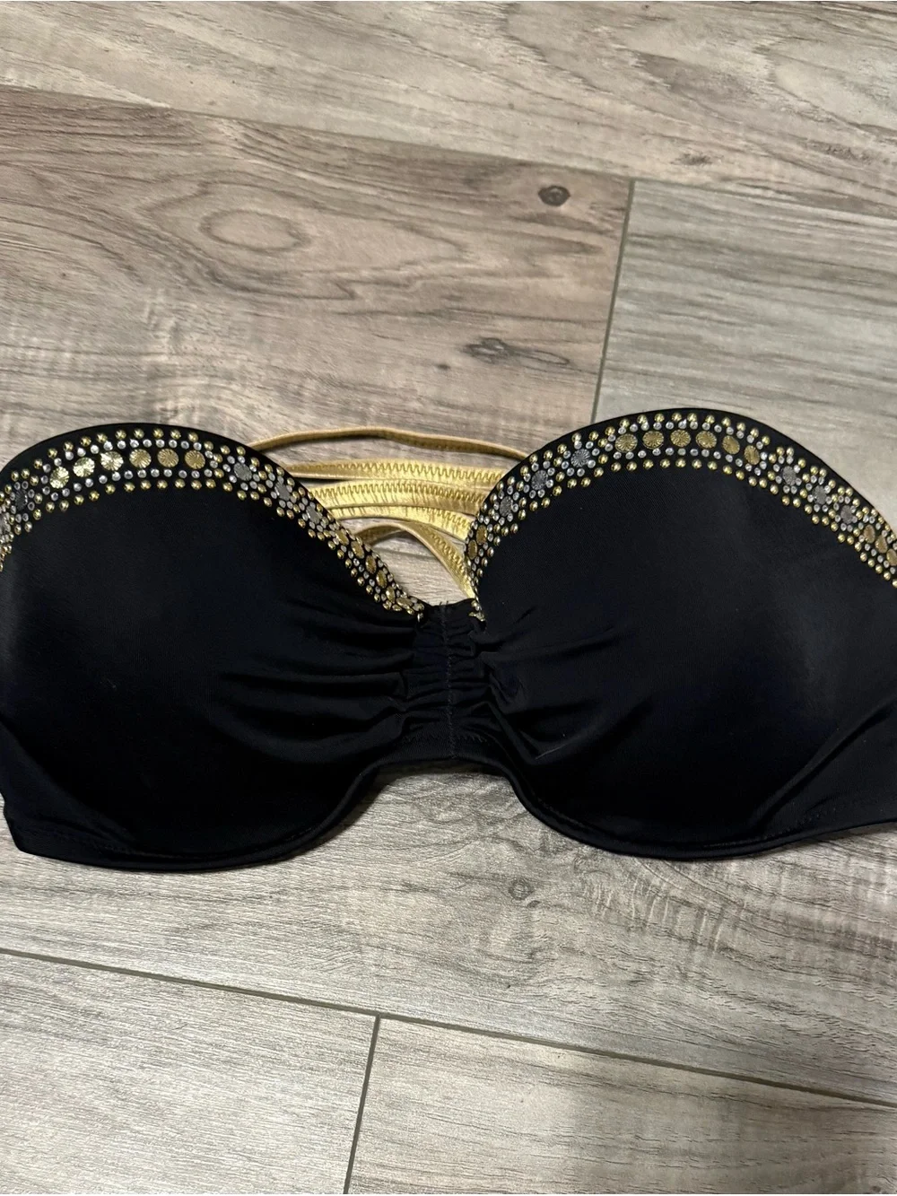 Victoria's Secret Black Bandeau Bikini Top with Gold Rhinestones